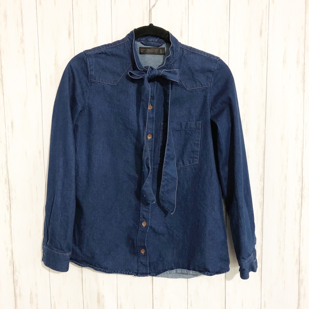 Zara trafaluc denim tie neck button down